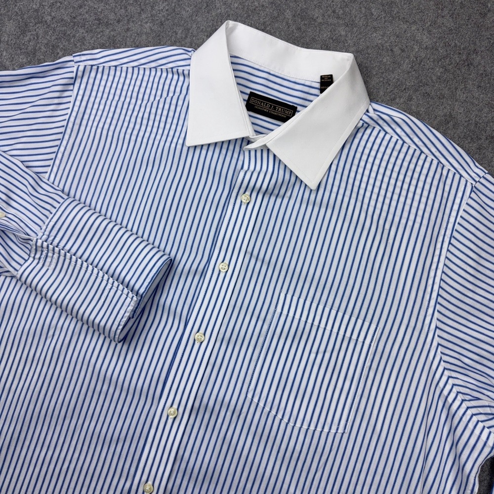 Donald J. Trump Dress Shirt Mens 18 34/35 Blue Striped Signature Contrast Collar
